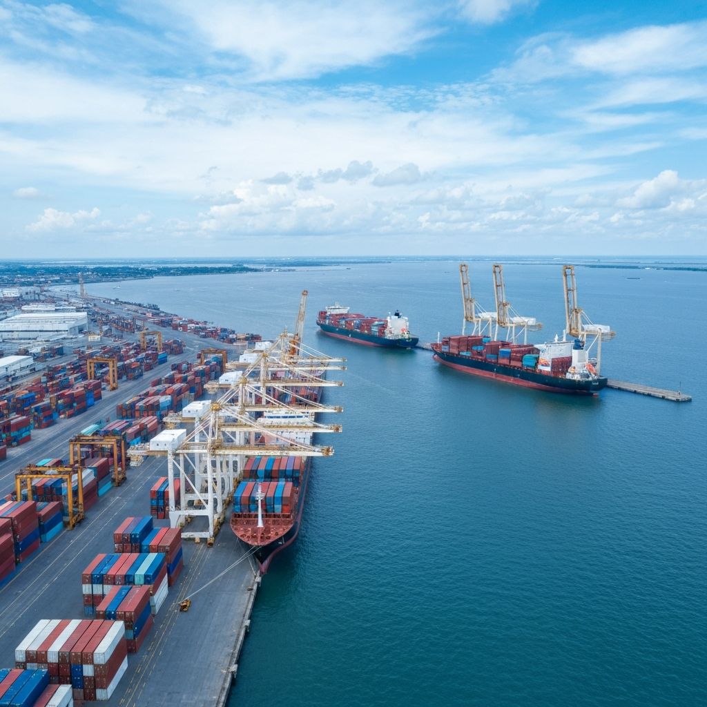 Commercial shipping port with cargo containers